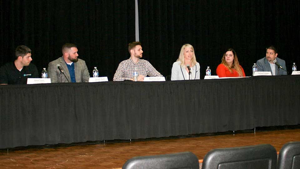 Left to right: Alex Tilton ’14, Business Administration; Jared Spude, ’15 Political Science and Public Administration; Matthew Hart ’16 Computer Science; Kelly Williams, ’94 Organizational Communication; Carlene Frisque, ’13 Finance and History; David Zey ’99, Computer Science