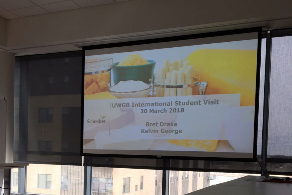 Presentation slide: UWGB International Student Visit 20 March 2018 Bret Drake Kelvin George  - Schreiber