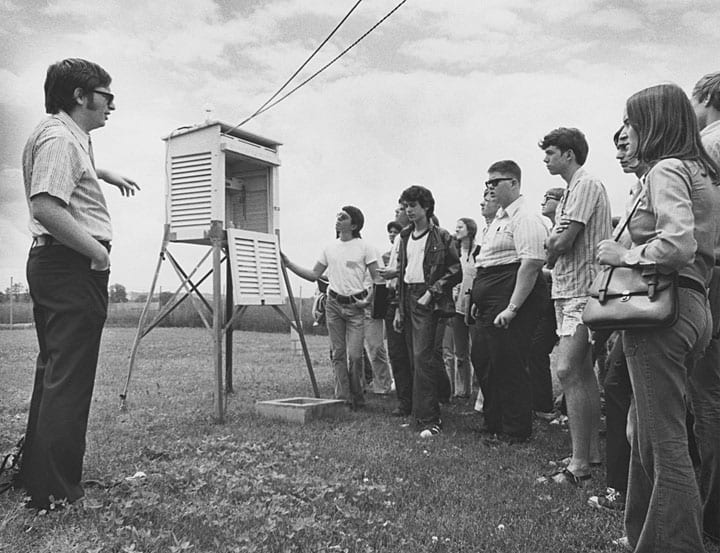 Professor Joseph Moran and a group of students at the Weather Station ca. 1970-1979