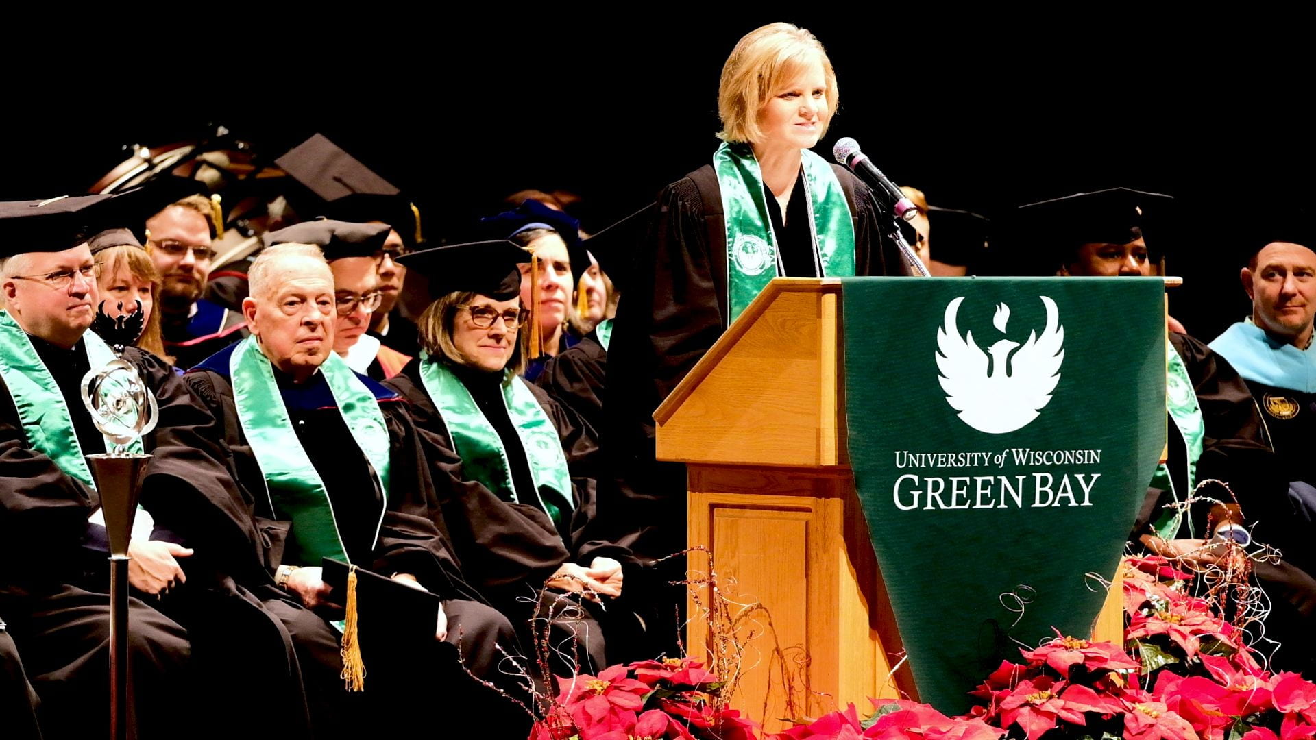 UW-Green Bay's Interim Chancellor Sheryl Van Gruensven gives the opening remarks at the winter 2019 Commencement ceremony at the UW-Green Bay Weidner Center.