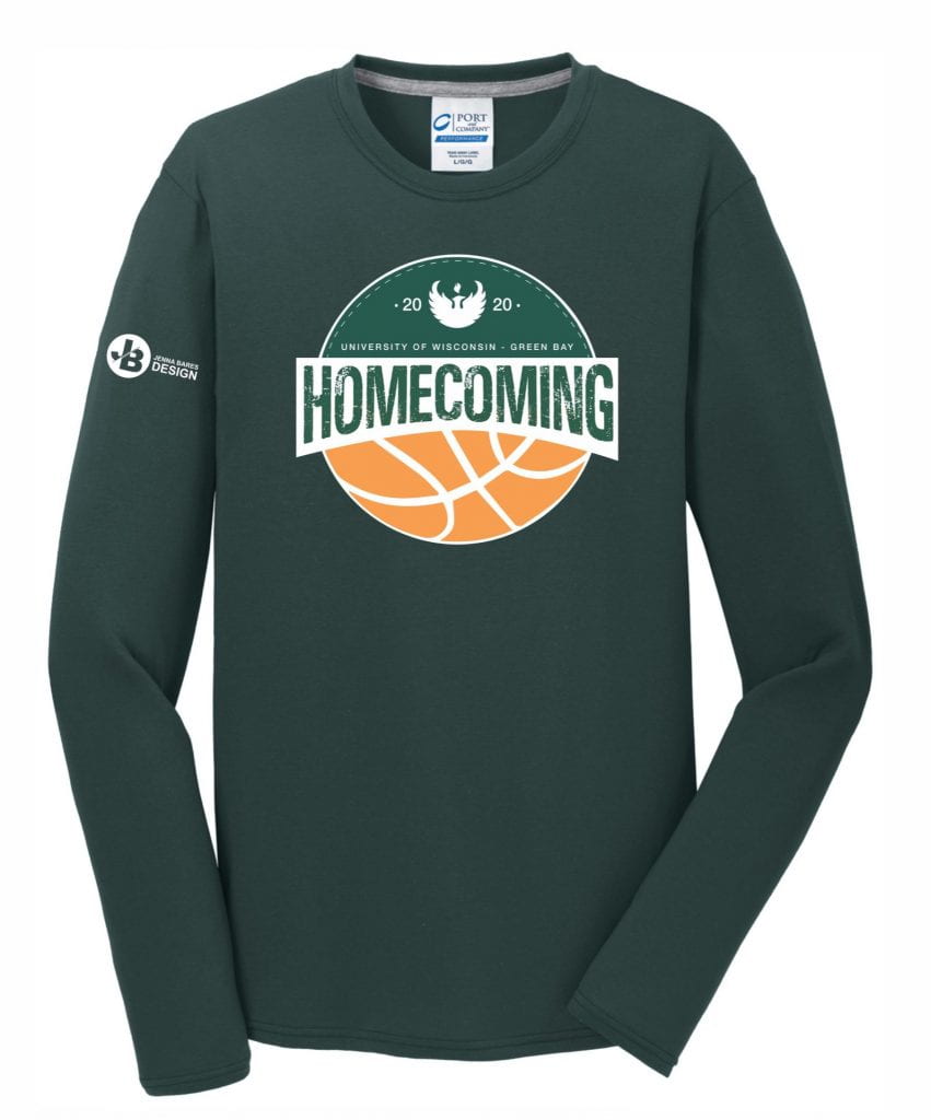 green, long-sleeve UW-Green Bay Homecoming 2020 t-shirt