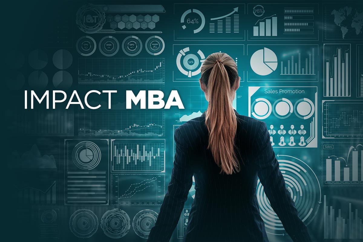 Impact MBA, woman facing away, looking at a backdrop of data visualization charts