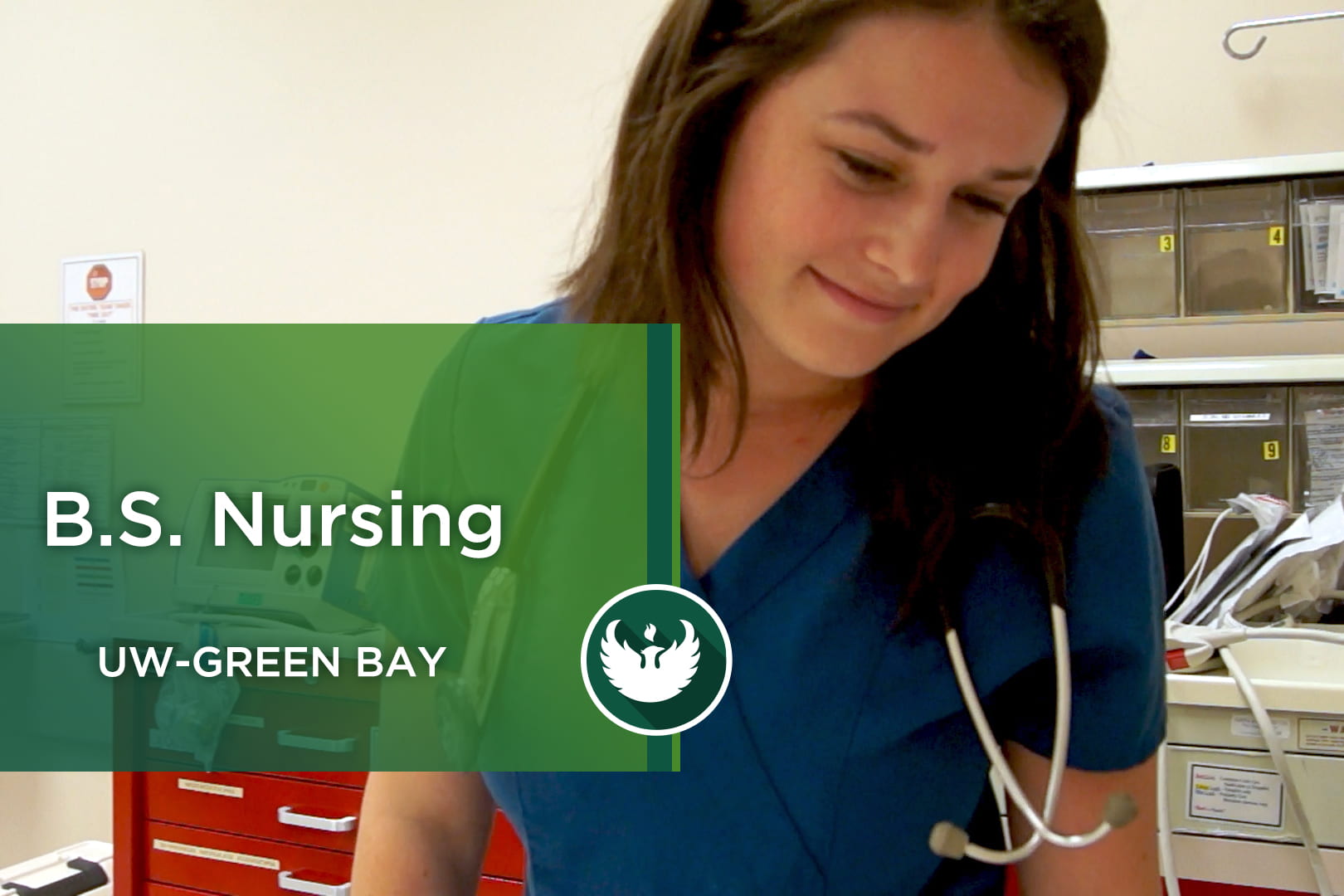 Photo of an UW-Green Bay nursing student at Aurora Hospital during nursing training.