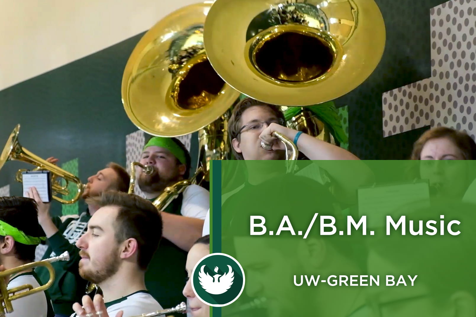 Photo of the UW-Green Bay Pep Band playing music during a Women's Basketball game in the Kress Center.