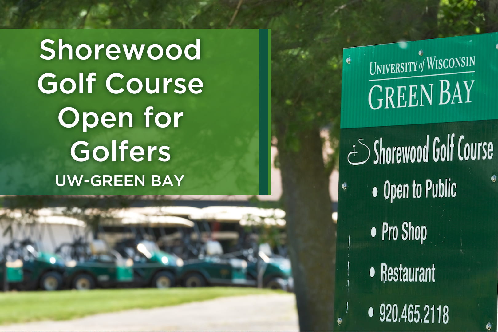 Photo of golf carts and the welcome sign at Shorewood Golf Course in Green Bay, WI.