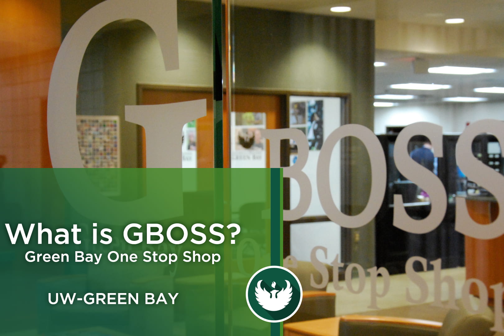 Photo of the front glass entrance to GBOSS or “Green Bay One Stop Shop."