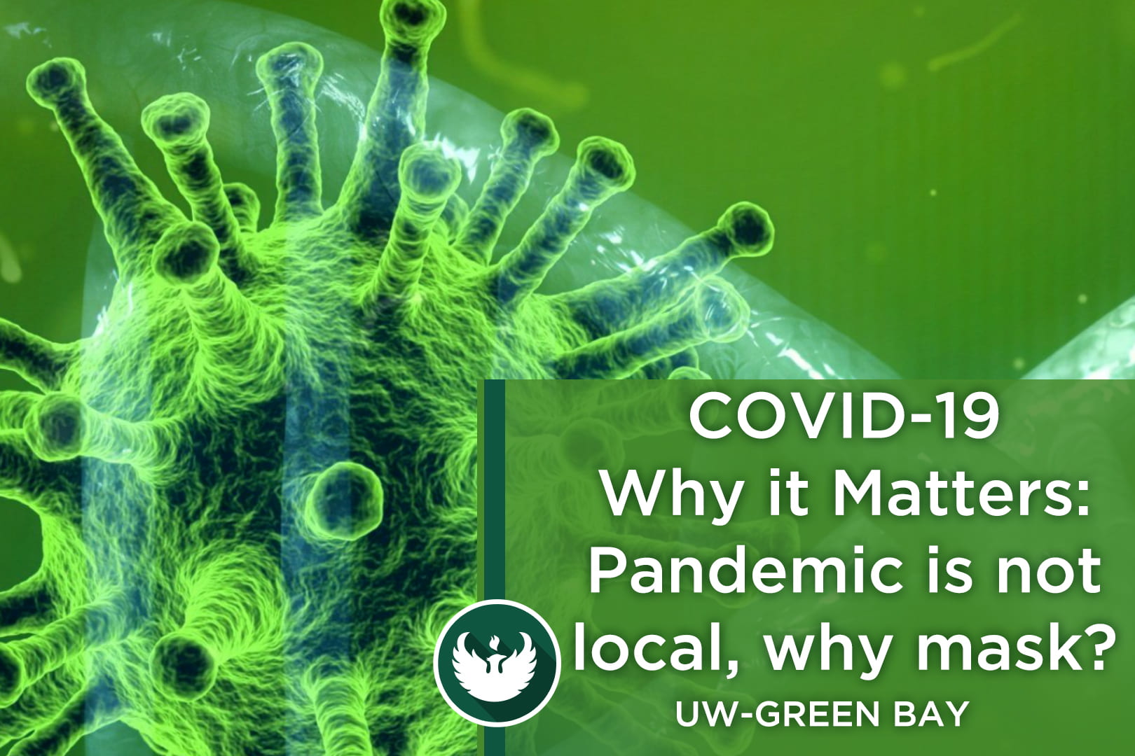Photo of the covid-19 virus enlarged under a microscope with text "Covid-19 Way it Matters, Part 7: Pandemic is not local, why wear a mask?