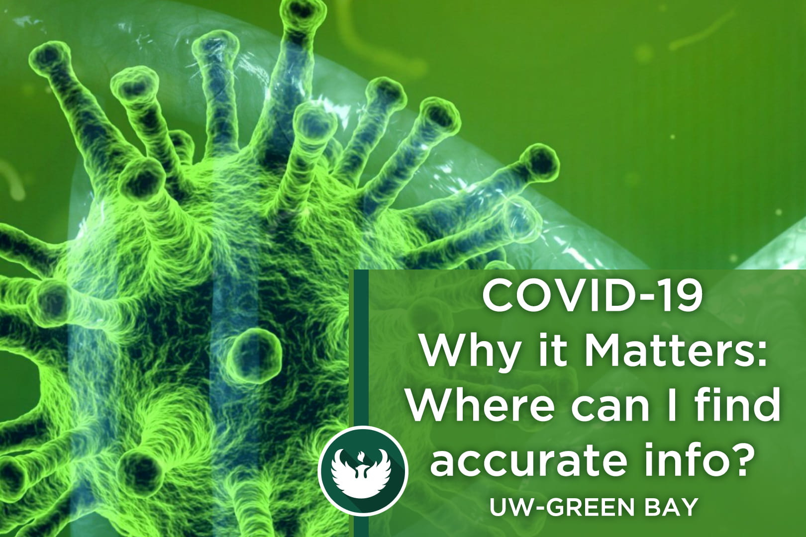 Graphic of the Covid-19 virus enlarged under a microscope with the text, "COVID-19 Why it Matters, Part 10: Where can I find accurate information?"