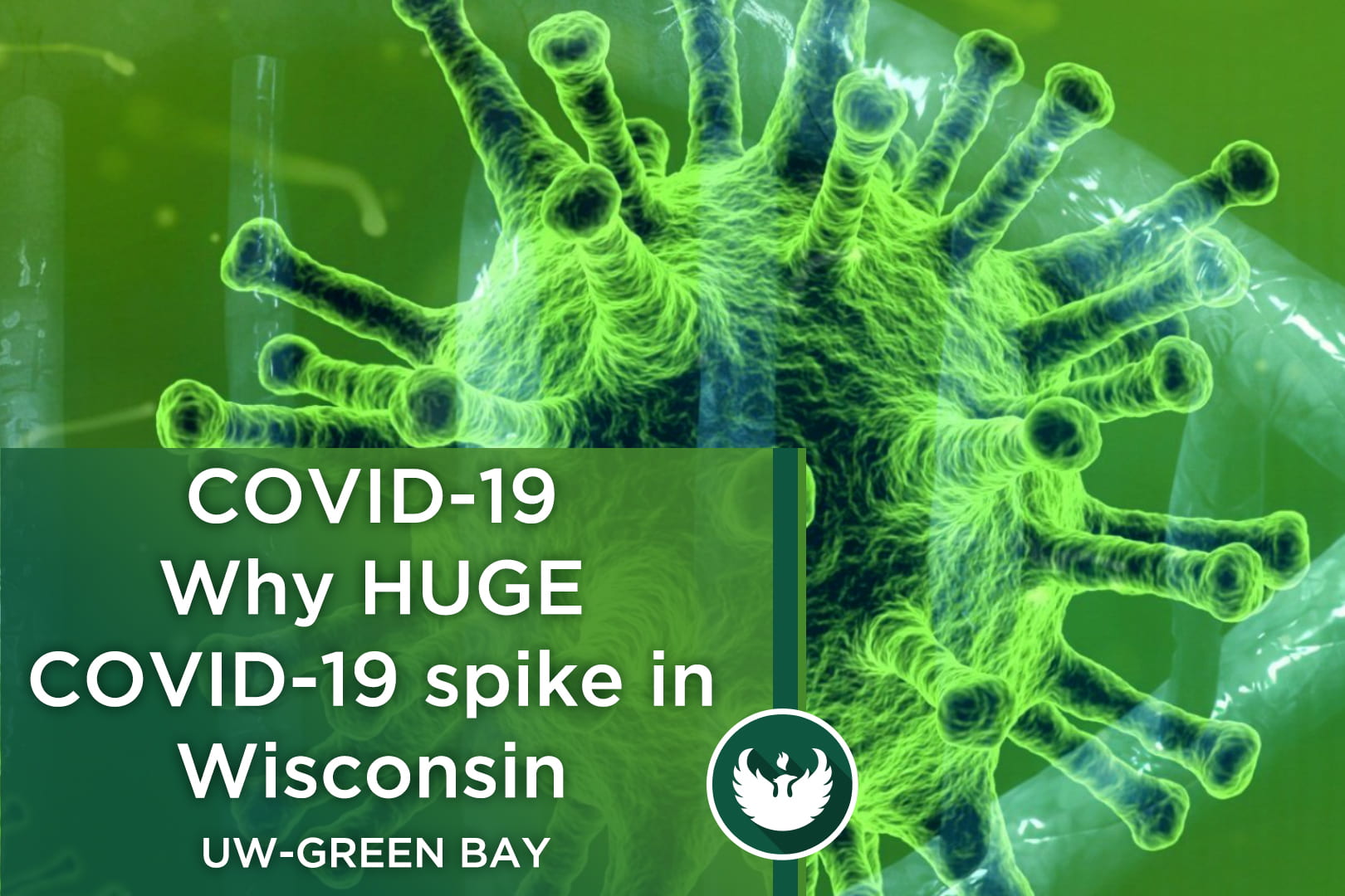 Photo of the Covid-19 virus enlarged under a microscope with the text, "Covid-19 Why Huge Covid-19 spike in Wisconsin.