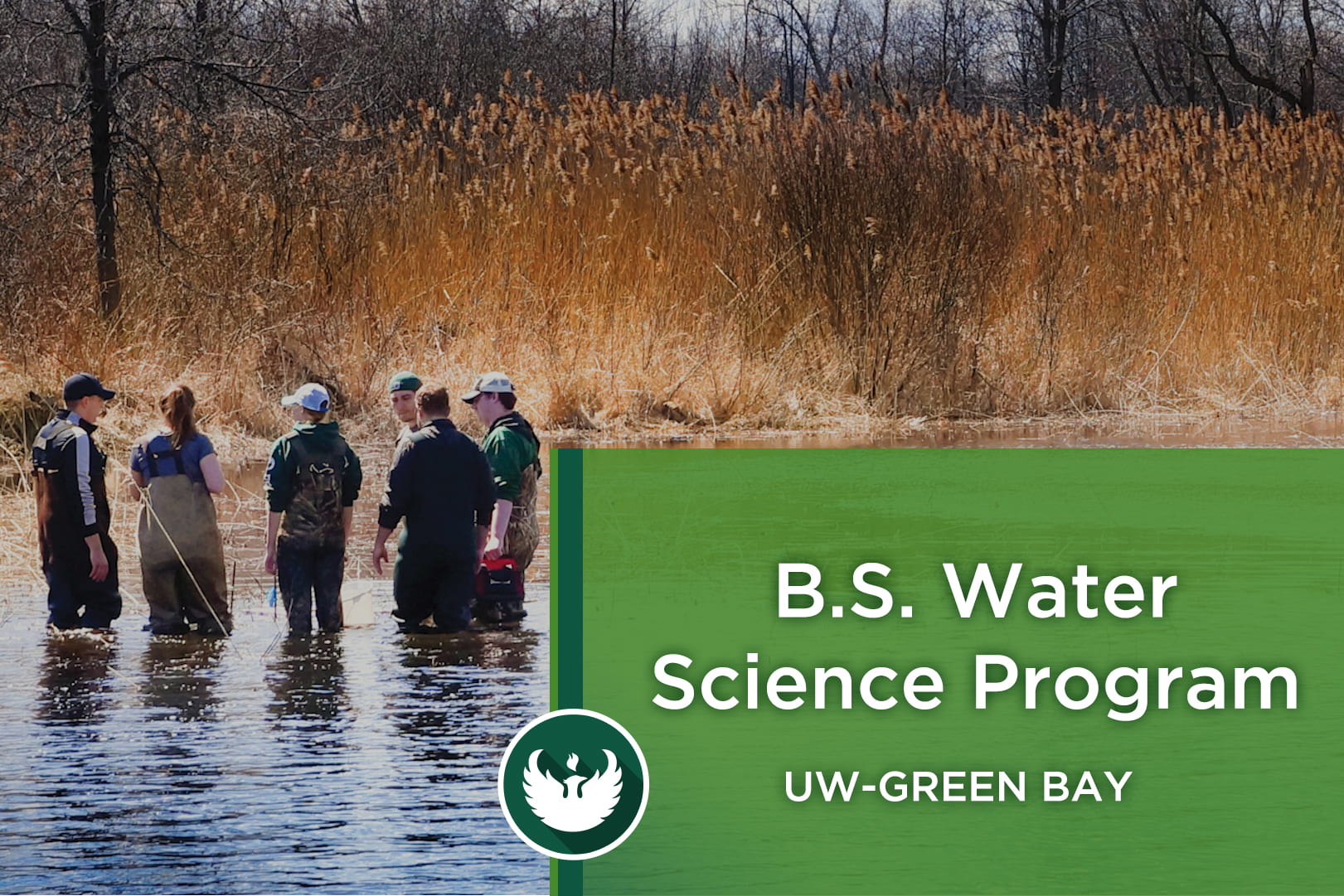 Photo of Water Science students wearing waders and standing in the marsh area in the Bay of Green Bay as they study Water Science at UW-Green Bay.