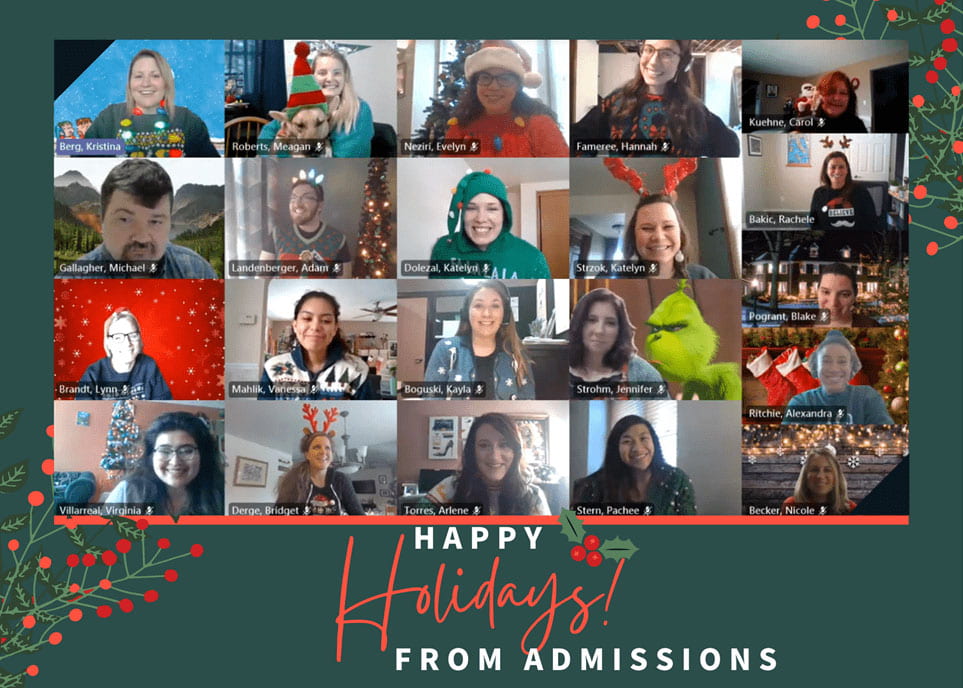 Zoom-style holiday group photo of the UW-Green Admissions staff with the message, Happy Holidays from Admissions.