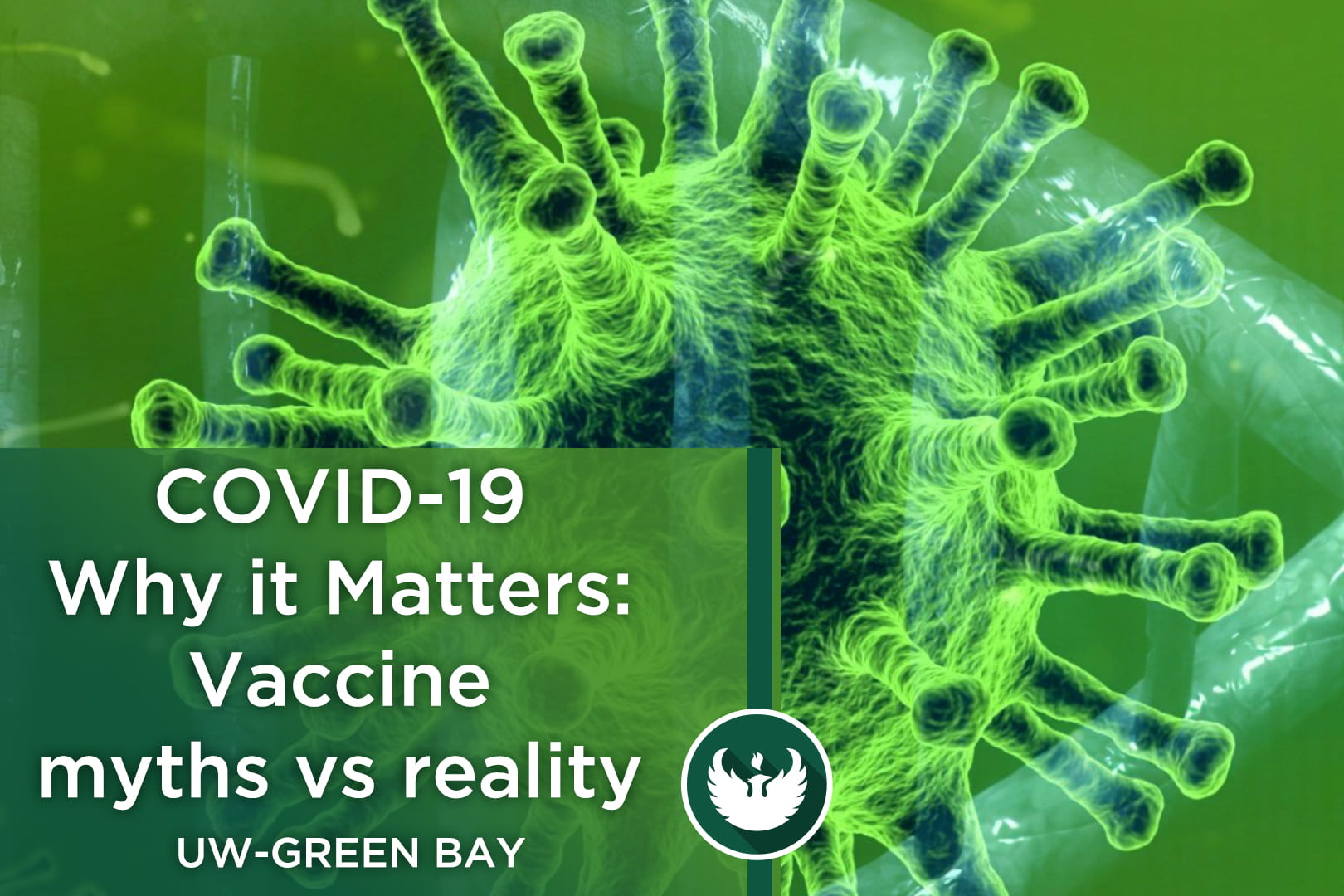 Photo of the covid-19 virus enlarged under a microscope with the text, "COVID-19 Why it Matters: Vaccine myths vs reality."
