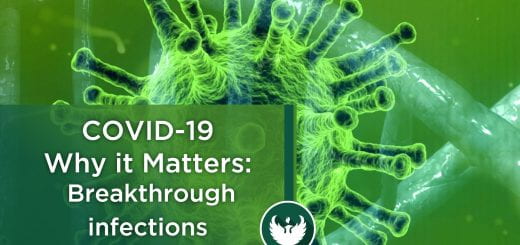 Microscopic close up of the COVID-19 virus with text, "COVID-19 Why it Matters: Breakthrough Infections UW-Green Bay."
