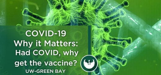 Photo of the COVID-19 virus enlarged under a microscope with the text, COVID-19 Why it Matters: I had COVID, why get the vaccine?