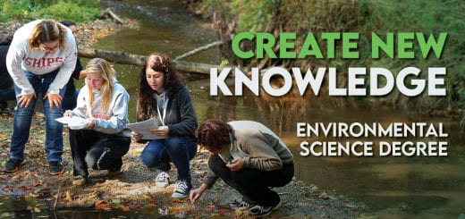 Photo of three students collect water samples on the shore of creek in Manitowoc, with the text, "Create knowledge Environmental Science."