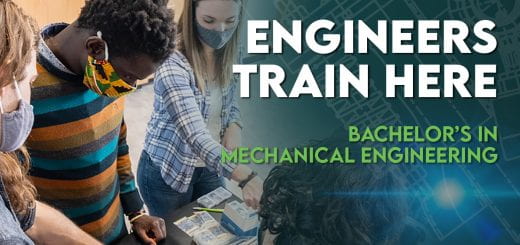 Three engineering students work on an electrical circuit board with the text, "Engineers train here, bachelor's mechanical engineering."