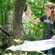Whitney Tank, an Environmental Science student, uses a brush and a large nylon frame on a tree trunk to capture spiders for a research project in the woods at UW-Green Bay's Cofrin Memorial Aboretum.